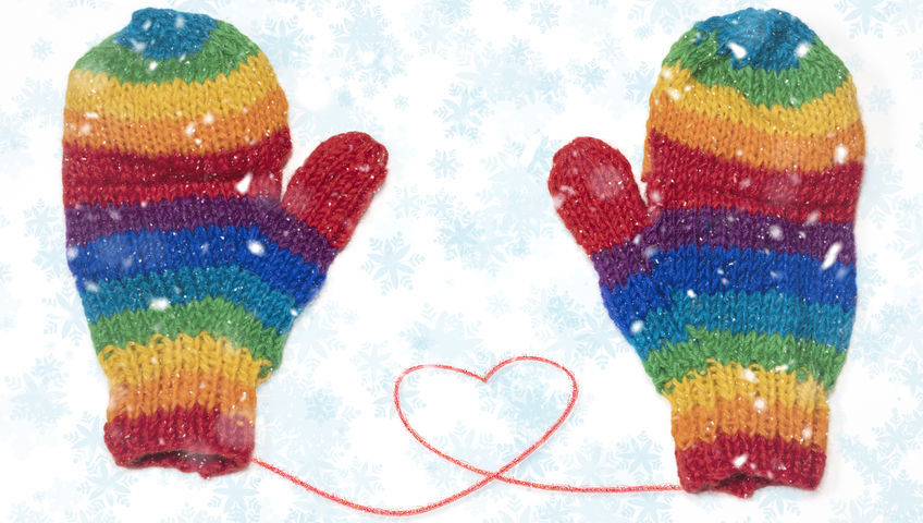 Enon UMC Mitten Tree rainbow gloves with heart while snowing in winter