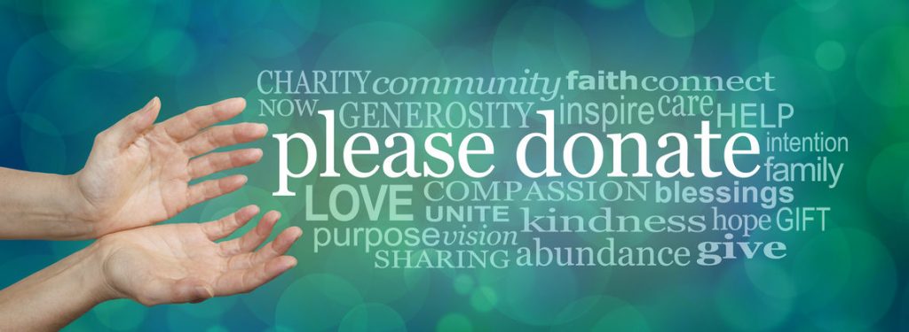 Enon UMC Give word cloud graphic about "please donate" with open hands on a green and blue background