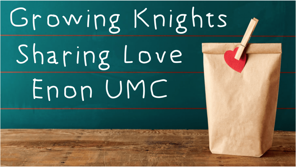 Enon UMC Growing Knights brown sack lunch with clothespin holding closed against blackboard background